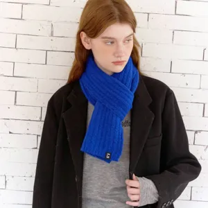 Blue wool knit scarf for women men winter warm solid color cable knitted neck warmer