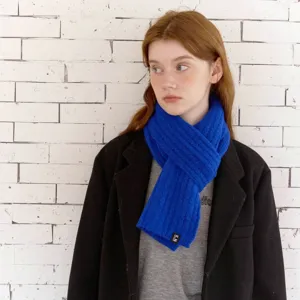 Blue knit scarf for women and men, warm woolen winter neckerchief with cable knit design.