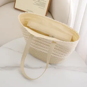 Beige πletμένη τσάντα tote με μοτίβο δαντέλας και τσέπη με φερμουάρ για το καλοκαίρι.