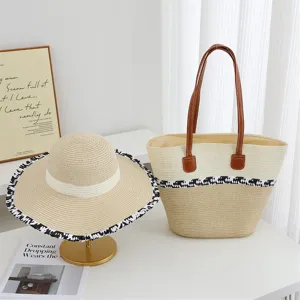 Handcrafted straw beach tote bag and wide brim sun hat set, summer vacation style accessory.