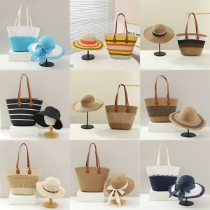 Conjunto de Sombrero de Paja y Bolso Tote para Mujer Gran Capacidad Vacaciones de Playa Verano Viaje Casual Sombrero de Sol Bolso Tote