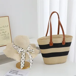 Summer straw woven tote bag and sun hat set, casual beach travel fashion accessory.