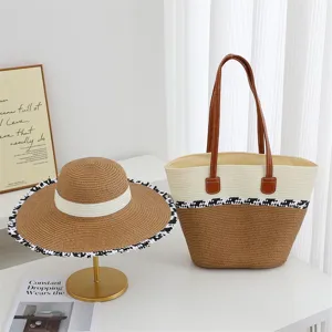 Close up detail view of woven straw tote bag and sun hat set, summer beach vacation style.