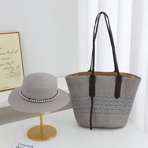 Stylish women straw hat and tote bag set, large capacity casual shoulder bag for daily commuting.