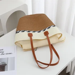 Summer straw tote bag for women, large capacity beach shoulder bag with stylish stripe detail.
