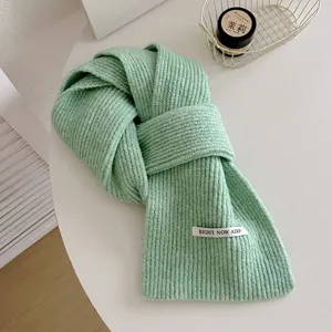 Primo piano dettagliato di una morbida sciarpa invernale in maglia verde menta, comoda a coste.