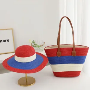 Women straw sun hat and large tote bag set summer beach striped vacation shoulder bag new