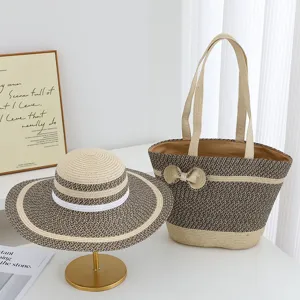 Straw sun hat & large tote bag set for summer beach vacation and daily commuting.
