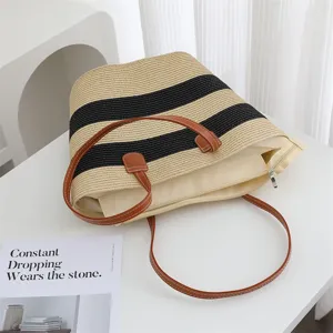 Stylish straw woven tote shoulder bag casual beach straw bag with black stripes