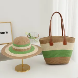 Summer straw woven shoulder bag and sun hat set, beach vacation striped tote bag for women.