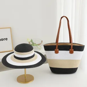 Summer straw woven hat and large capacity shoulder bag set for beach vacation and outdoor travel.