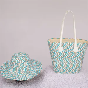 Stylish straw woven tote bag and sun hat set, large capacity beach bag for summer holiday.