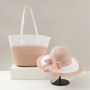 Conjunto de Sombrero de Paja y Bolso Tejido Verano Playa Sombrero de Sol con Lazo Elegante