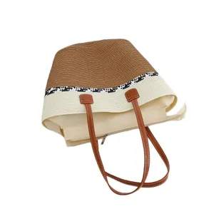 Summer straw woven tote bag for women, large capacity beach shoulder bag with zipper.