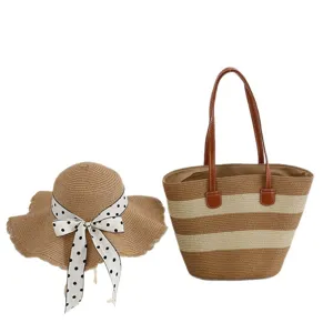 Women woven straw hat and striped tote bag set summer beach resort casual shoulder bag