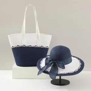 Conjunto de sombrero de paja y bolso tote para mujer de verano, set de playa azul y blanco.