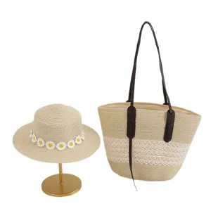 Women straw hat and tote bag set summer beach daisy decorated shoulder handbag casual chic.