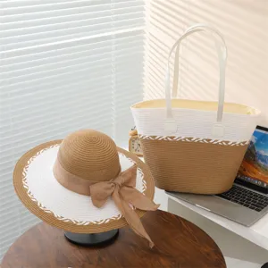 Conjunto de sombrero de paja y bolso tote tejido para mujer, ideal para playa y verano.