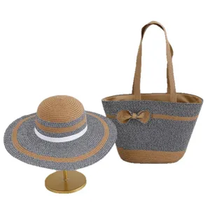 Korean style summer women straw hat and large capacity tote bag set for beach vacation.