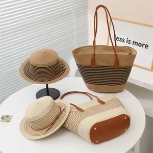 Vintage striped straw tote bag and flat top sun hat set for summer outdoor style.