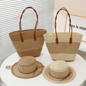 Summer retro striped large capacity straw bag and flat top sun hat set for outdoor use.