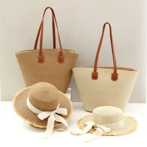 Conjunto de bolso tote de paja y sombrero, gran bolso de playa elegante para mujeres.