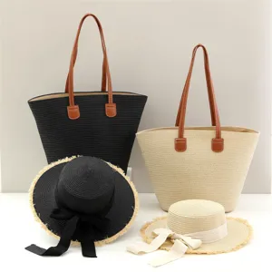 Detalles del conjunto de bolso tote de paja y sombrero de sol, ideal para la hermosa playa.