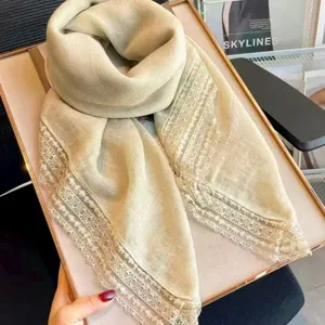 Women Solid Color Lace Edge Square Scarf Thin Polyester Literary Neckerchief Headscarf Shawl For Spring Daily