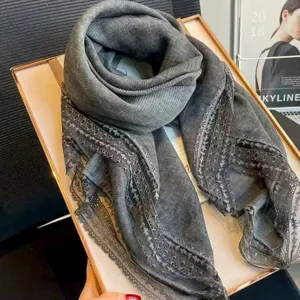 Elegant grey lace scarf for women, lightweight spring shawl and stylish decorative neckerchief.