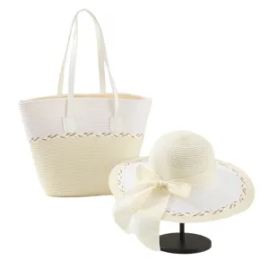 Ensemble chapeau de paille et sac de plage femme ete decontracte a large bord sac a main