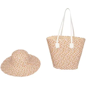 Women straw tote bag and sun hat set, color-block woven beach bag for summer seaside vacation.
