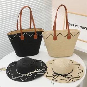 Sommer Stroh gewebte Tote Tasche und Sonnenhut Set, große Kapazität Strandtasche Damen