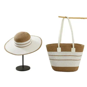 French straw hat and tote bag two piece set, wide brim sunhat and large capacity woven tote.