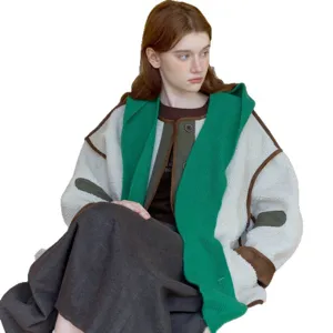 Autumn winter fleece jacket with integrated knitted scarf shawl, warm college style outerwear.