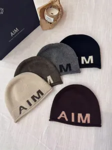 Wool blend knit beanie for women, autumn winter warm letter embroidered skull cap.