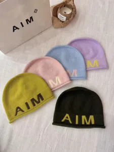 Winter wool knit beanie hat women warm solid color slouchy cap with stylish letters detail