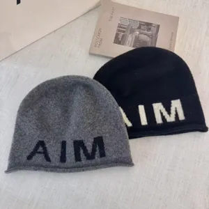 Winter warm knitted wool beanie hat for women, casual soft letter embroidered cap grey black.