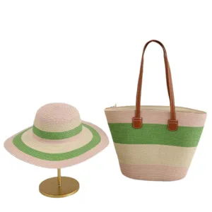 Women's straw woven sun hat and tote bag set summer beach resort striped shoulder bag
