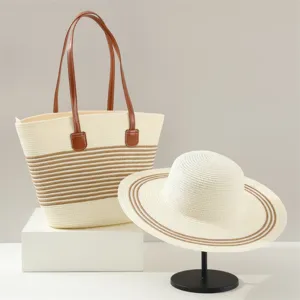 French Pastoral Straw Hat Tote Bag Set Women Summer Large Capacity Striped Beach Shoulder Bag Sun Hat Fashion Accessories