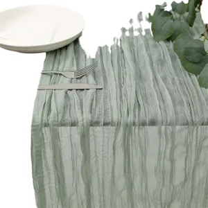 Sage green crinkle gauze table runner for wedding party bohemian rustic home table decoration