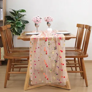 Embroidered Table Runner Sheer Mesh Daisy Floral Dining Tablecloth Home Decor Main View