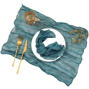 Bohemian crinkled gauze table runner and cloth napkin set for wedding party home dining decor.