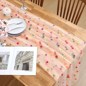 Embroidery floral table runner sheer mesh table cloth for home decor dining room party