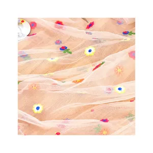 Embroidered daisy mesh table runner sheer decorative fabric for home dining table decor.