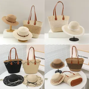 Woven straw tote bag and sun hat set, large capacity summer beach bag and woven hat for women.