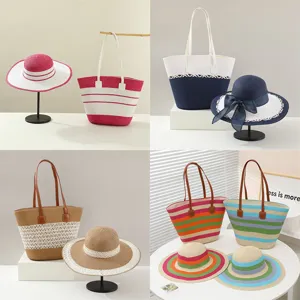 Summer straw woven tote bag and matching sun hat set, large capacity beach vacation bag.