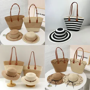 Straw woven tote bag and sun hat set, large capacity beach bag for women summer vacation.