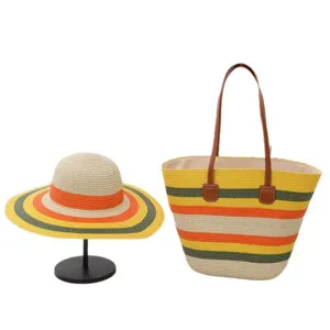 Conjunto de sombrero de paja y bolso tote de rayas coloridas para mujer verano playa