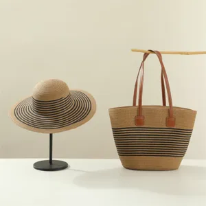 Women straw tote bag beach hat set, french style striped woven handbag for daily commuting