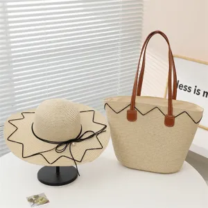 Sommer Strohgewebte Tote Tasche und Sonnenhut Set, groessere Kapazitaet Strandtasche Tasche.